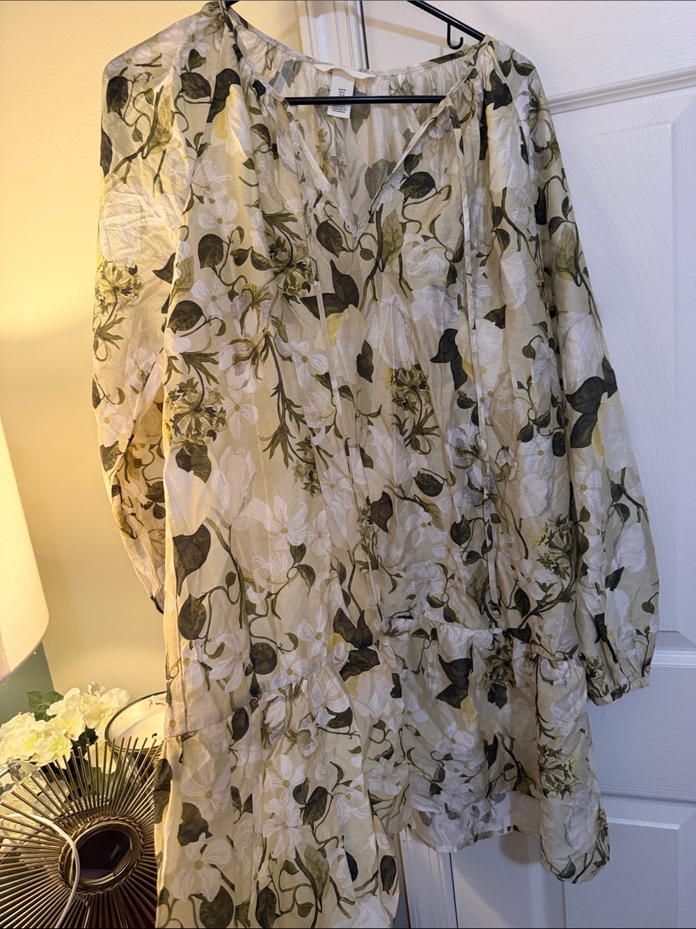 Lightweight Floral Peasant dress in Cream and Olive size medium